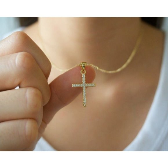 14k Yellow Gold Diamond Cross 18 Inch Necklace - Picture 1 of 6